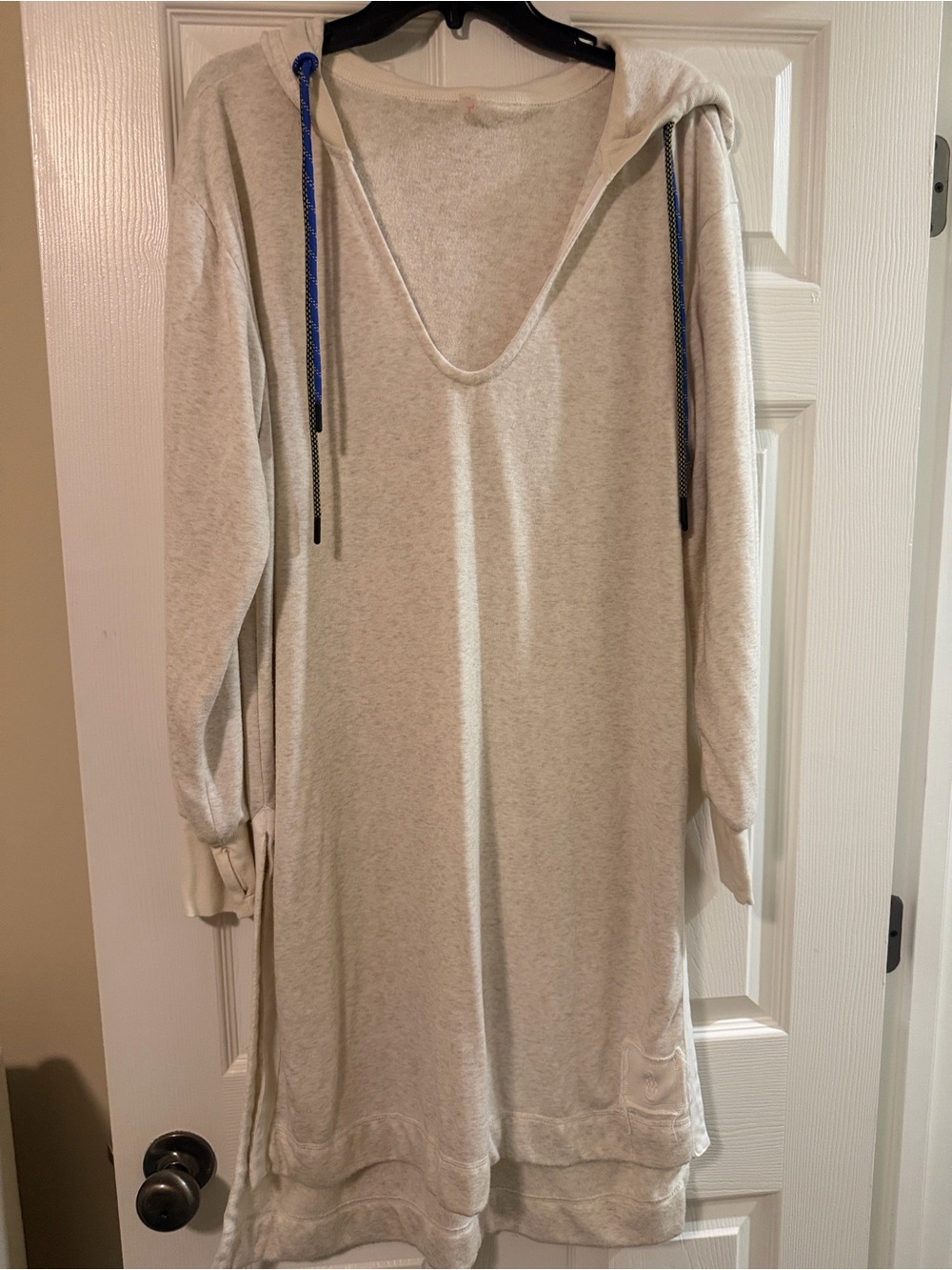 FP Movement by Free People Oatmeal Hooded V‑Neck Tunic with Blue Drawstrings